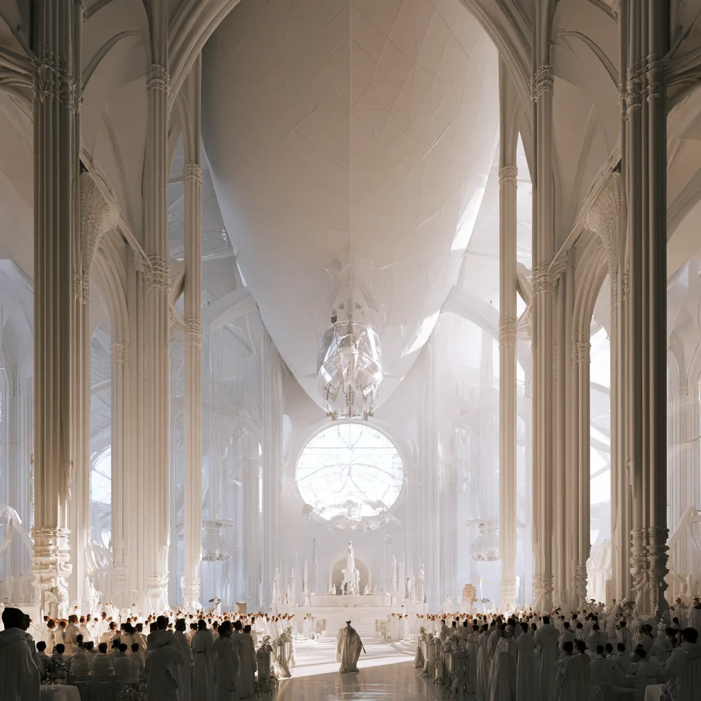 A vast white cathedral filled with a silent crowd