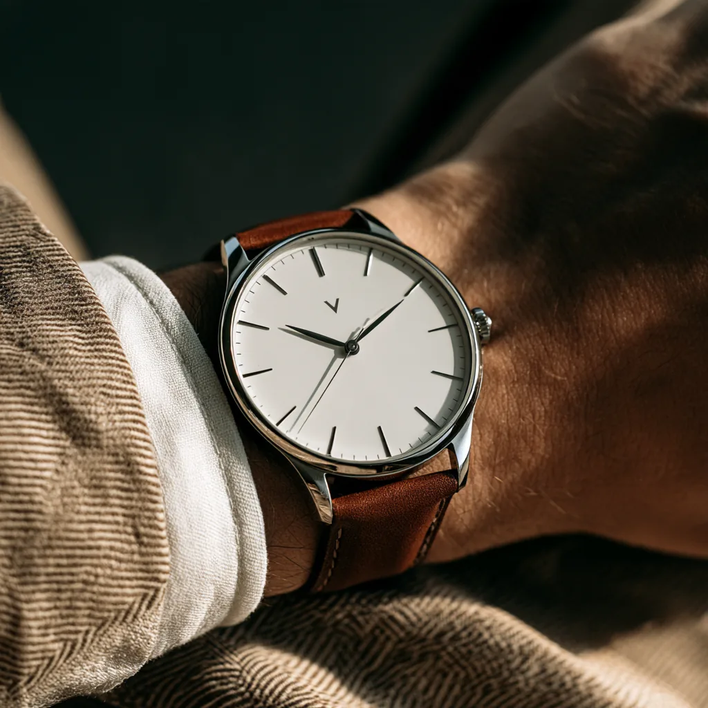 VERGE watch with white dial and tan leather strap on a wrist