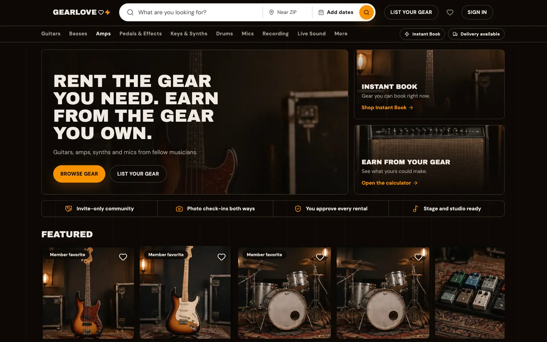 GEARLOVE music gear rental marketplace with guitars, drums and pedals